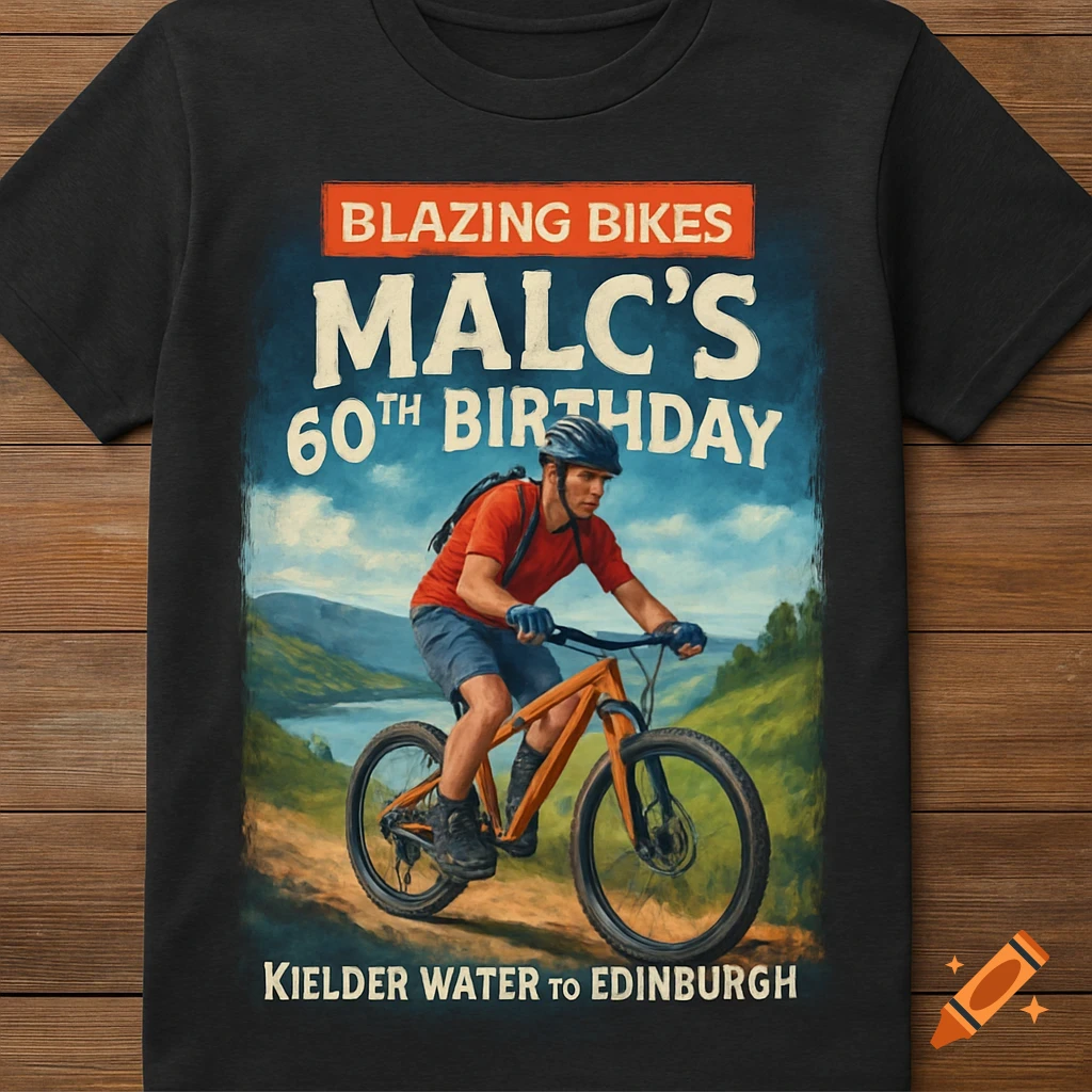 T-shirt design with an illustration of a mountain biker in a landscape, text reads Blazing Bikes Malc's 60th Birthday Kielder Water to Edinburgh