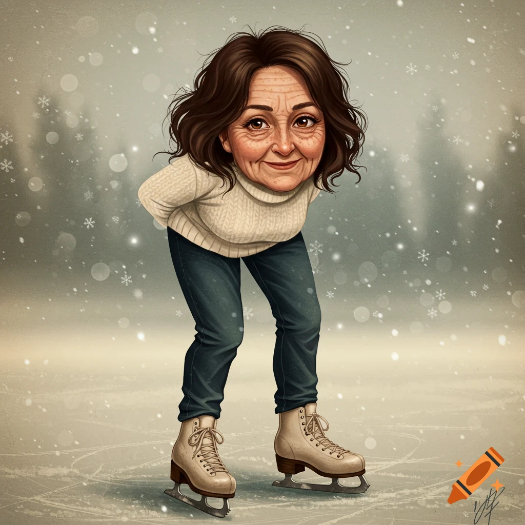 Caricature illustration of an older woman ice skating in a snowy, winter scene.