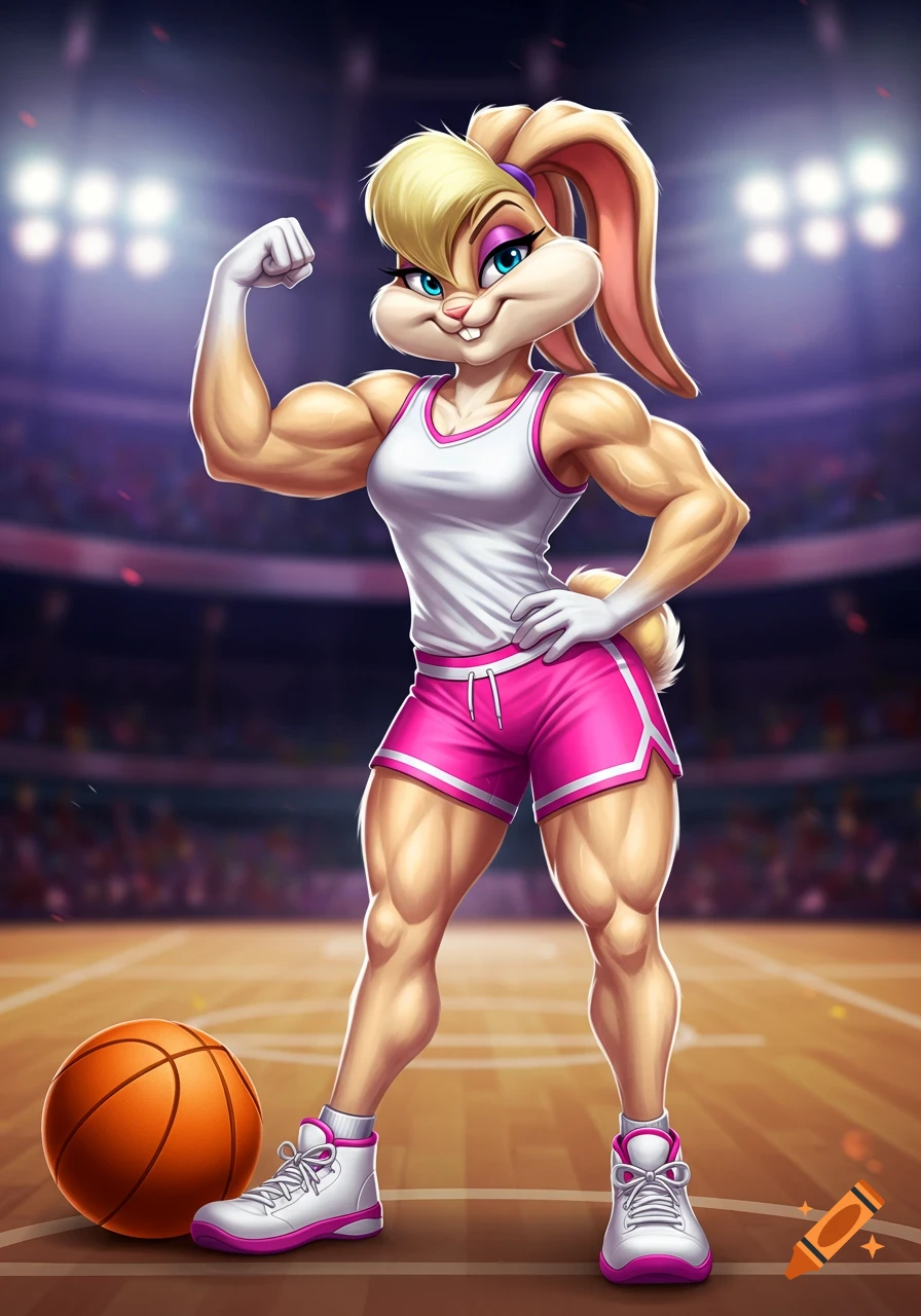 Muscular Lola Bunny in a basketball uniform stands on a court, flexing her arm. A basketball is at her feet.