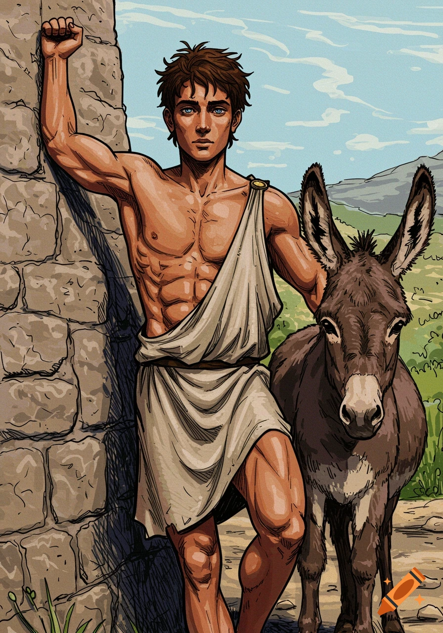 Illustration of a muscled ancient Greek man standing by a stone wall with his donkey.