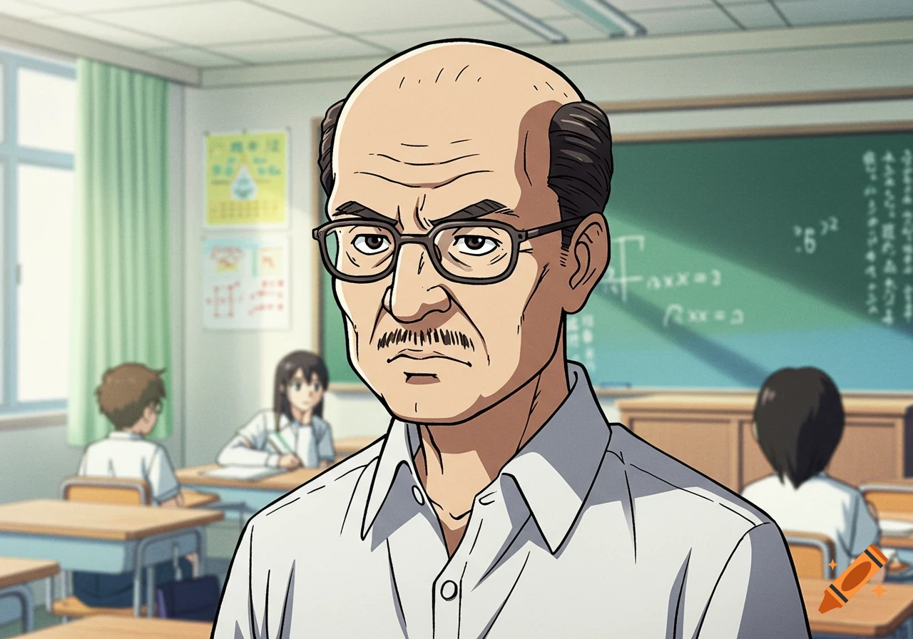 Anime style illustration of a bald teacher with glasses and mustache in a classroom.