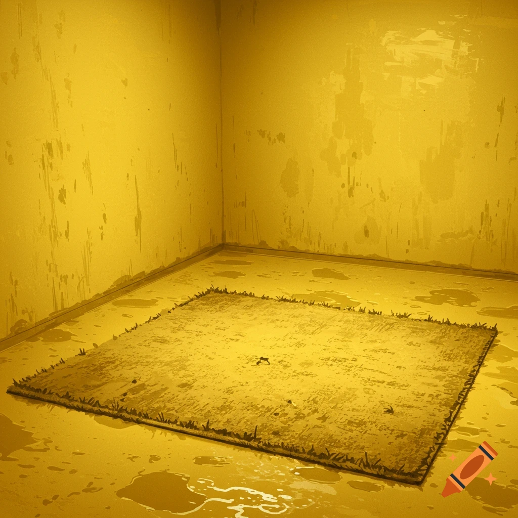 An empty room with yellow walls and floor, featuring a rectangular rug ...