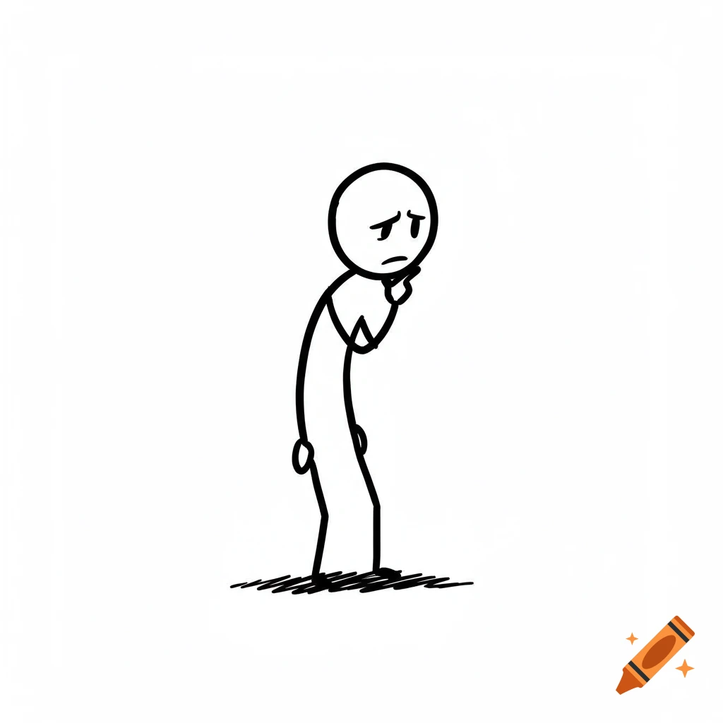A black and white sketch of a stickman holding its hand to its chin, looking thoughtful or sad, on a white background.
