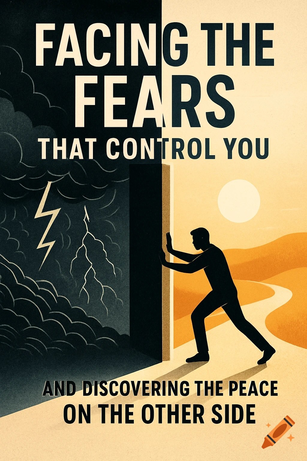 Conceptual illustration of a person pushing open a door from a dark, stormy side to a bright, sunny landscape. Text reads: Facing the fears that control you And discovering the peace on the other side.