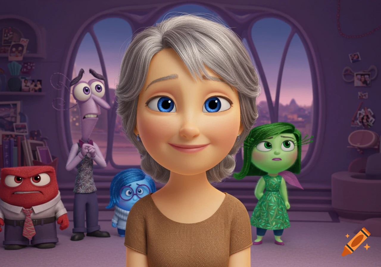 Cartoon woman smiling with cartoon emotions characters behind her