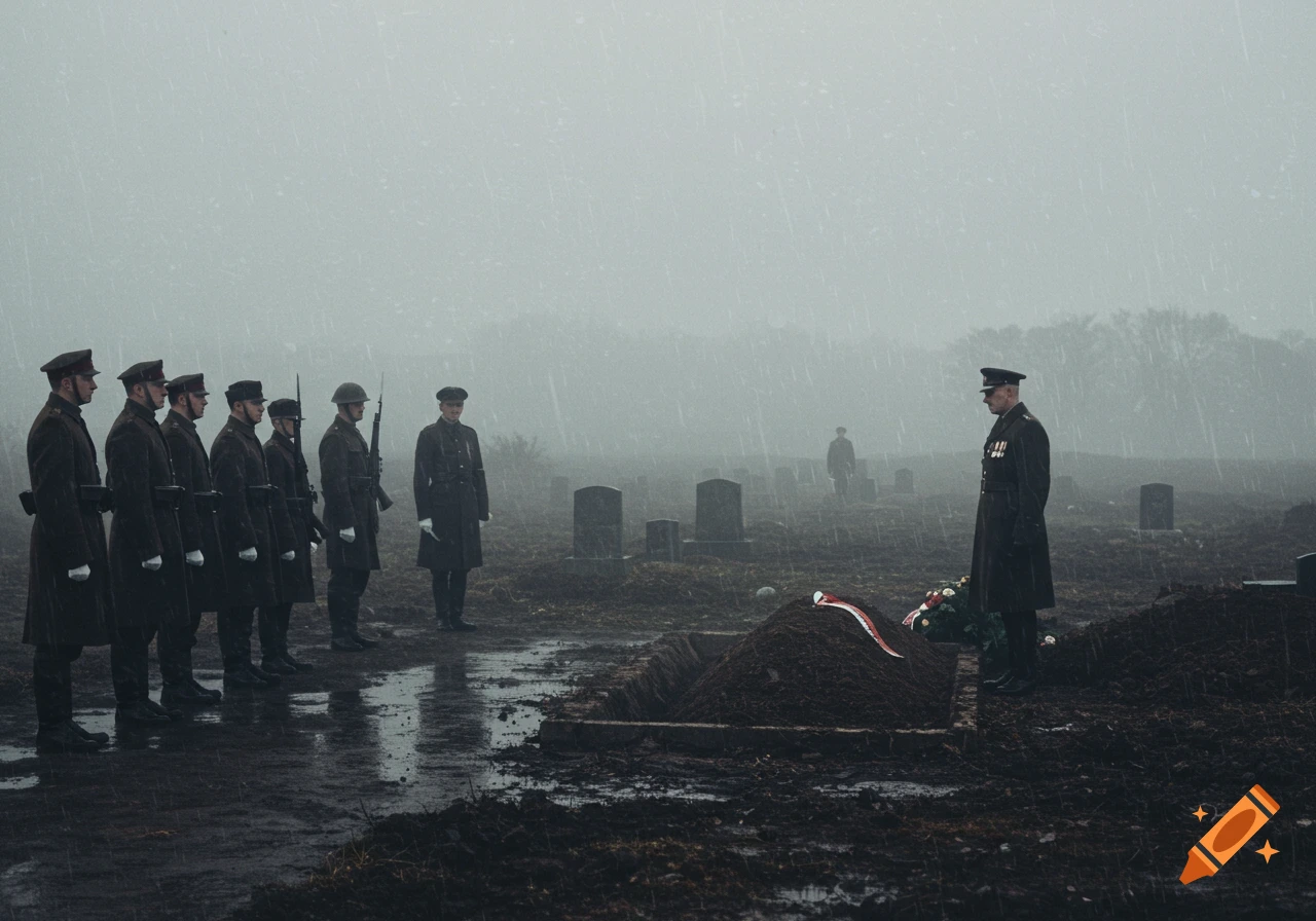Soldiers stand in formation at a rainy military funeral in a cemetery, an officer near a grave.