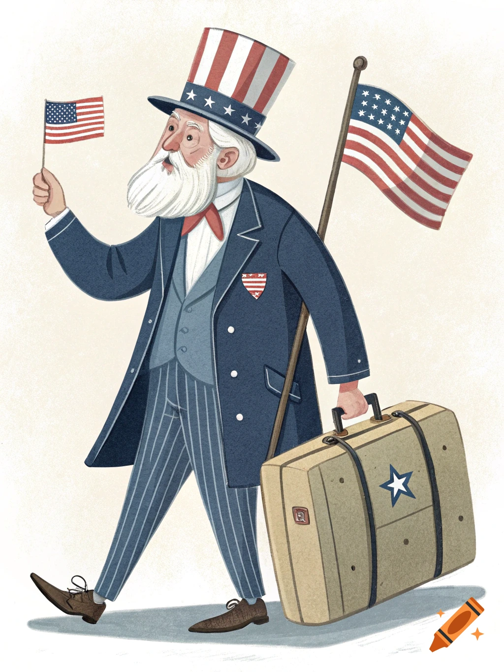 Illustration of Uncle Sam walking, holding a small American flag and suitcase with a large American flag behind him.