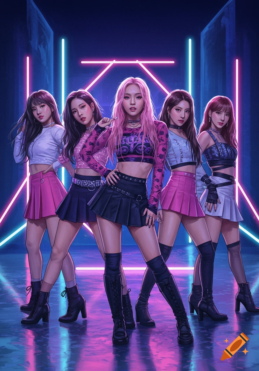 Group of five women in vibrant performance outfits under neon lights, illustration style.