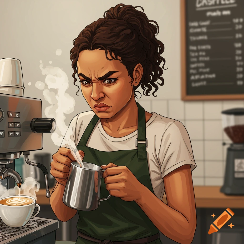 A frustrated barista steaming milk using an espresso machine in an illustrative style.