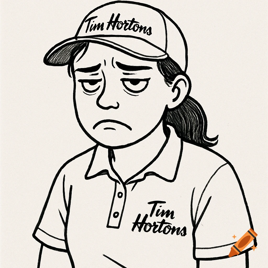 Black and white minimalist drawing of an unhappy person in a Tim Hortons uniform.