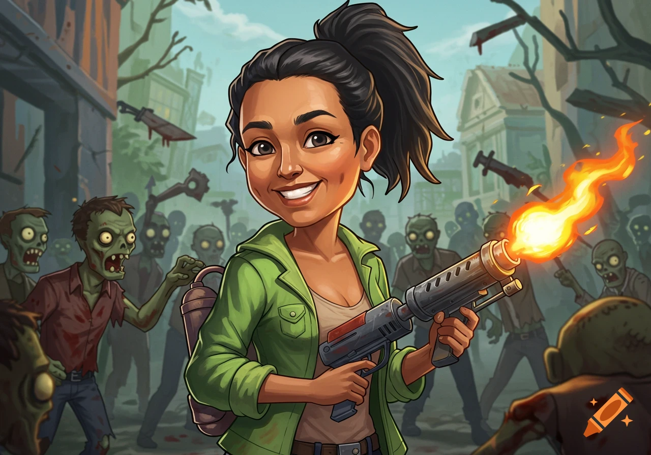 Cartoon woman smiles, holding a flamethrower pointed at a horde of zombies.
