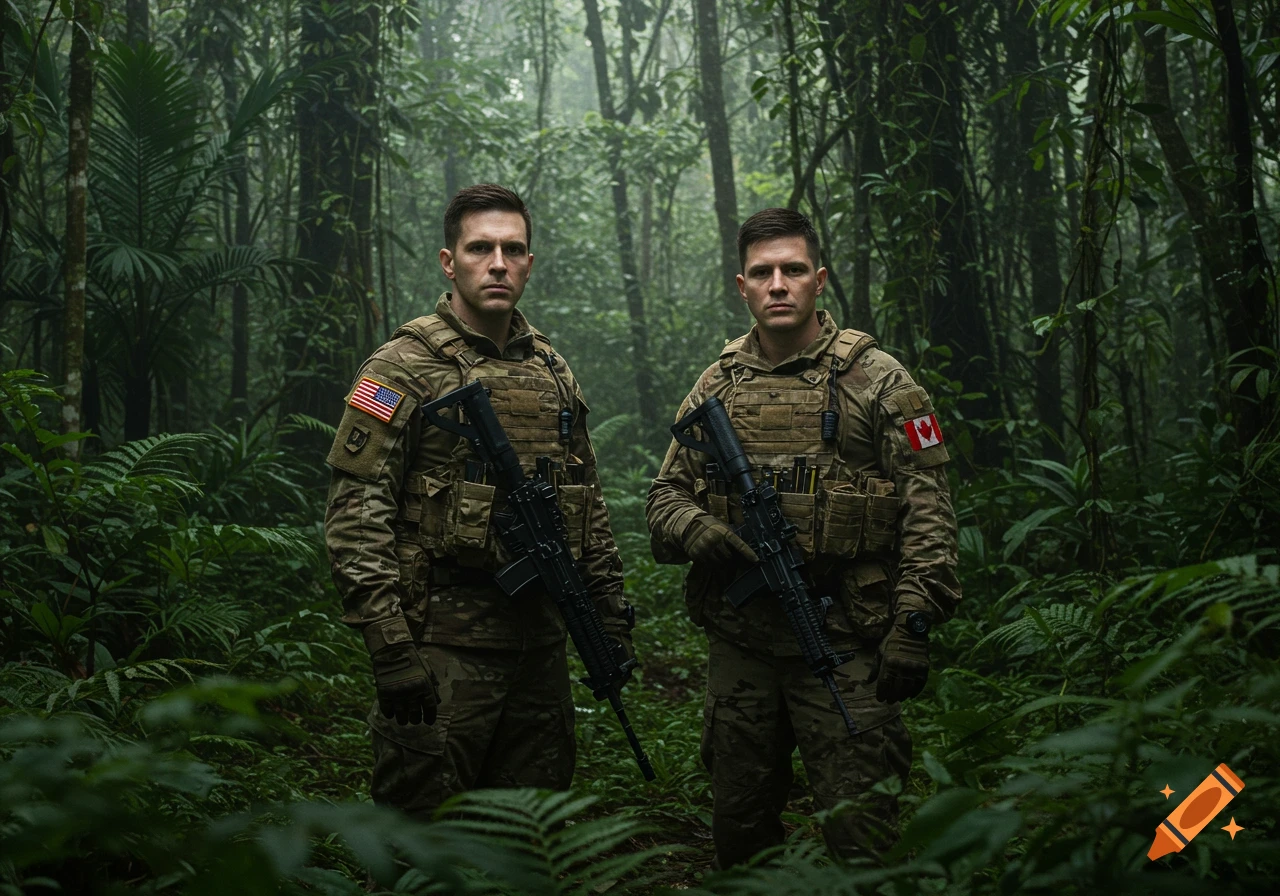 Two soldiers with US and Canadian flags on uniforms stand in a dense jungle.
