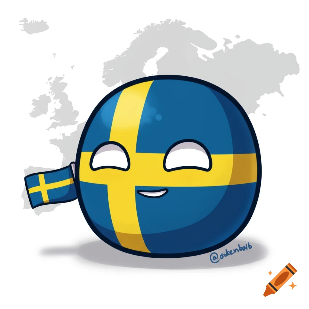 A smiling cartoon countryball character with the Swedish flag design holds a small Swedish flag on a stick, in front of a blurry map of Northern Europe.