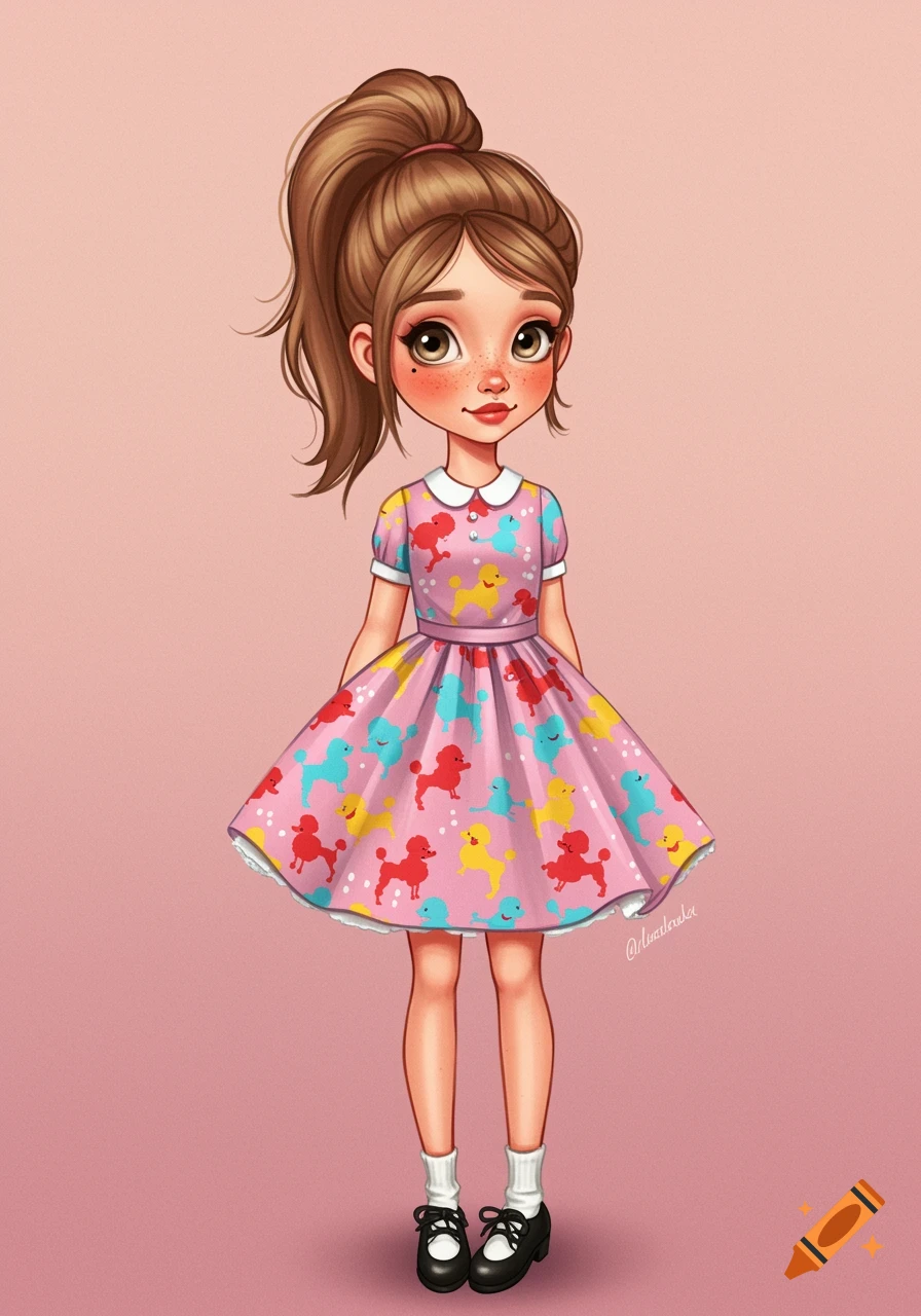 Illustration of a girl in a pink poodle dress