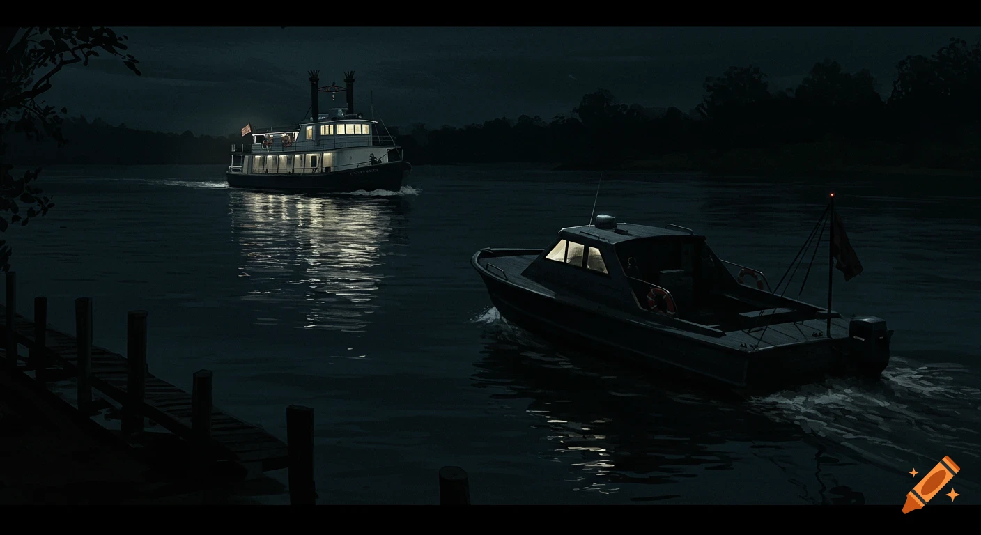 Two boats, a large steamboat and a small cabin cruiser, on a river at night near a dock.