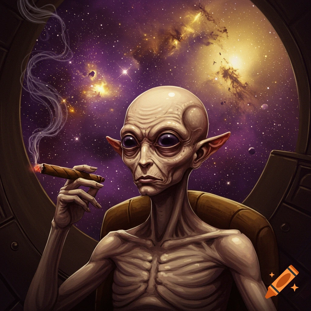 Illustration of an alien smoking a cigar while looking out a spaceship window at a nebula and stars.