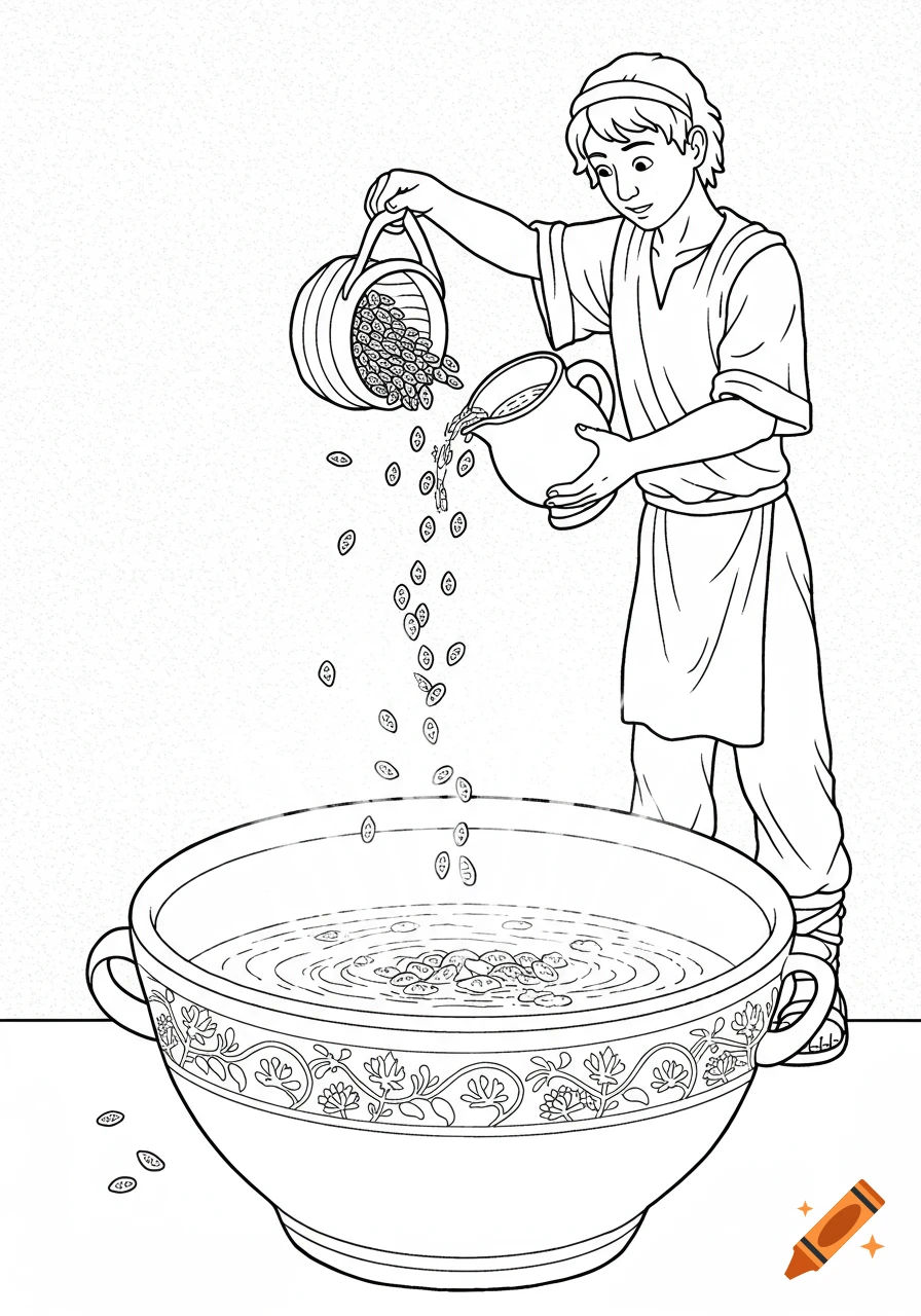 Black and white coloring page of a person pouring small objects from a basket into a large bowl.