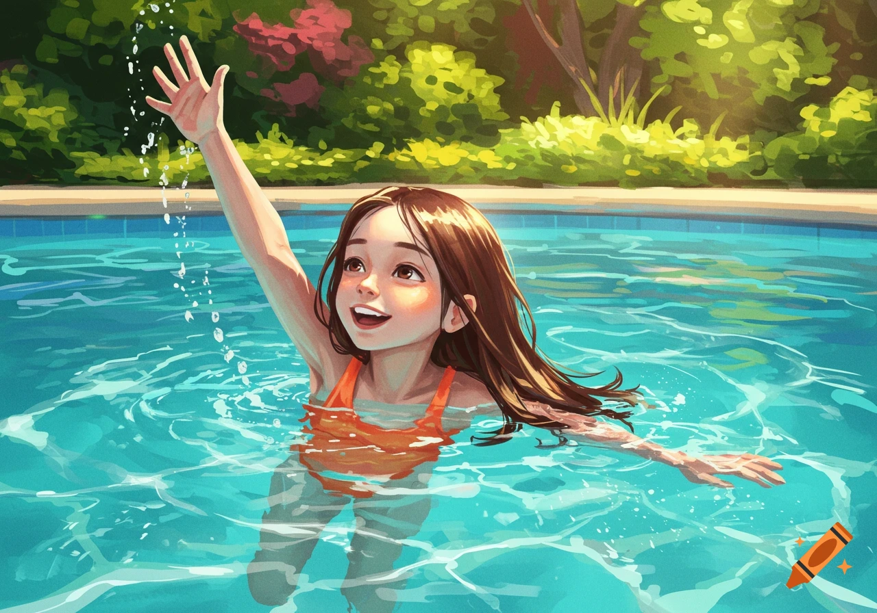 Stylized illustration of a girl swimming in a pool, raising her hand out of the water.