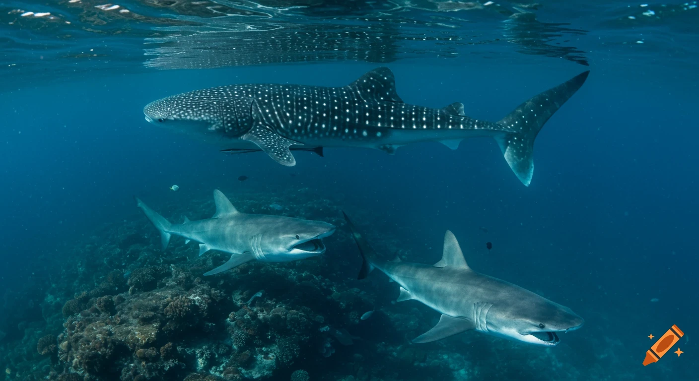Whale shark and reef sharks swimming underwater.