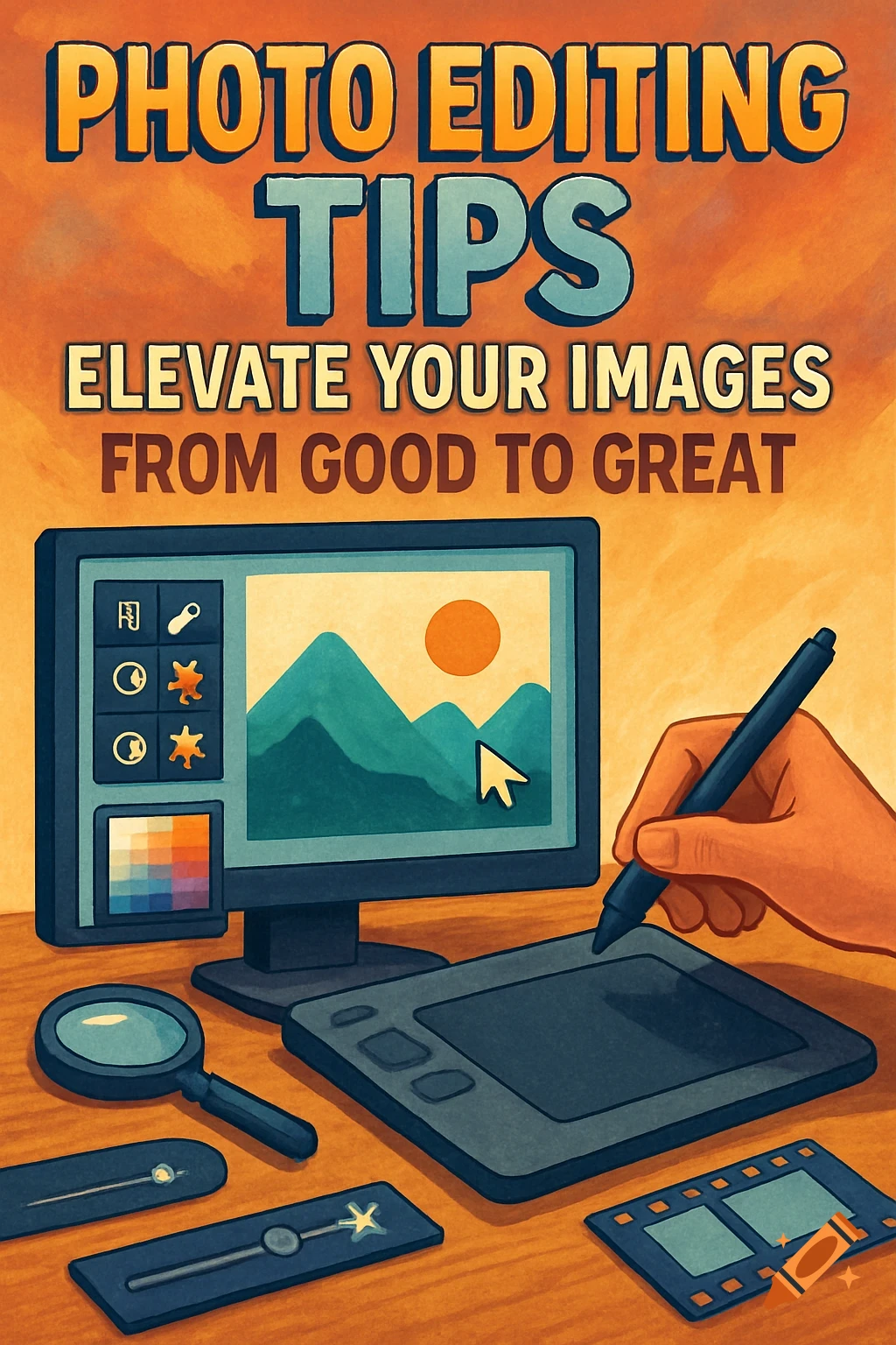 Illustration: hand using stylus on tablet, computer screen shows photo editing, text 'Photo Editing Tips: Elevate Your Images from Good to Great'.