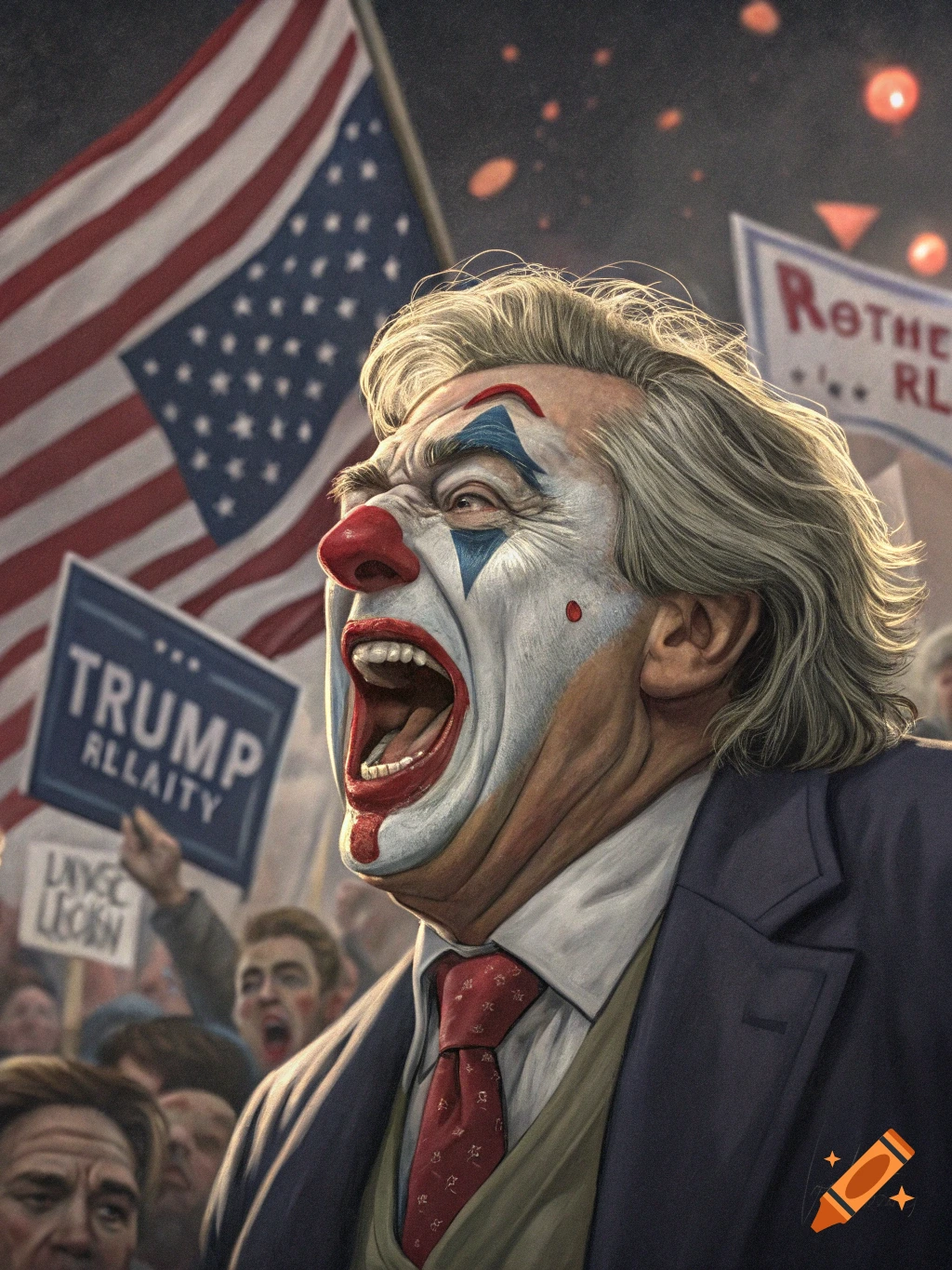 Person in clown makeup shouting at a political rally under an American flag