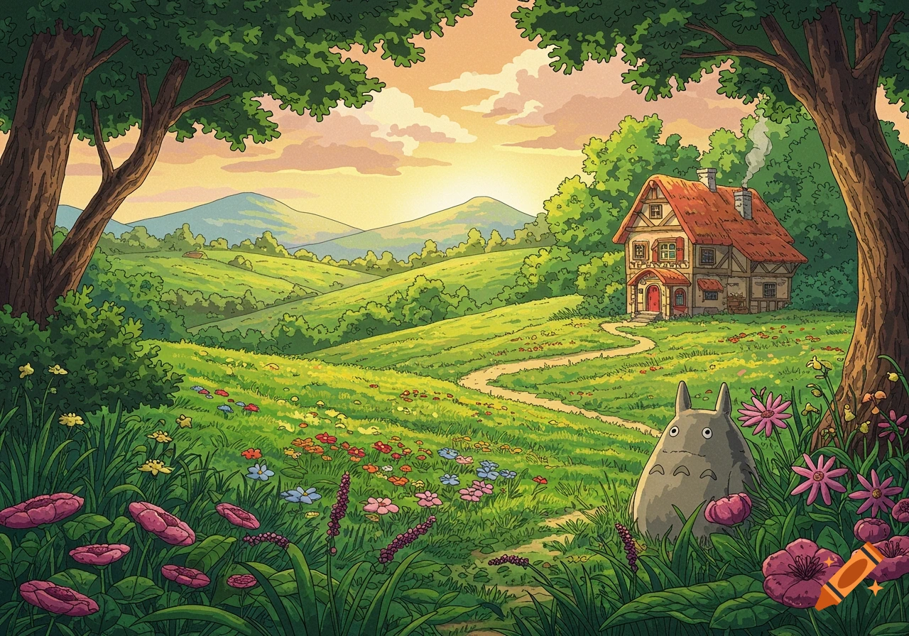 A color-by-number Ghibli style illustration of a house in a meadow with hills and a character.