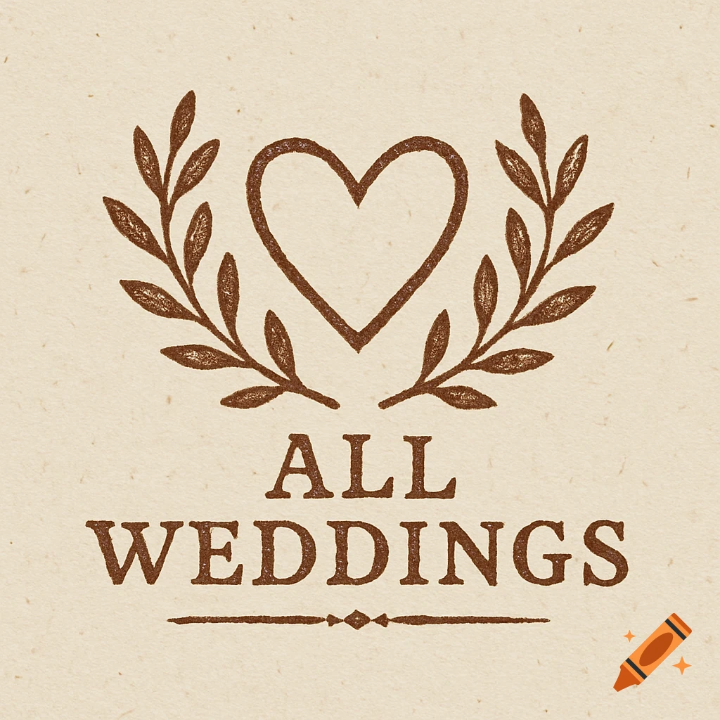 Rustic logo with a heart, laurel branches, and the text ALL WEDDINGS