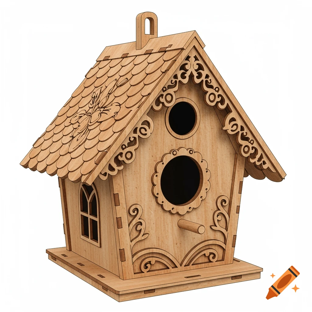 Whimsical wooden birdhouse with decorative laser-cut details