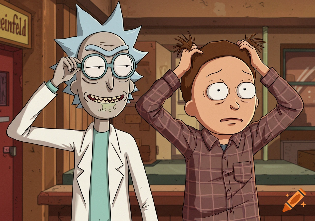 Rick and Morty characters in animated style, parodying Seinfeld.