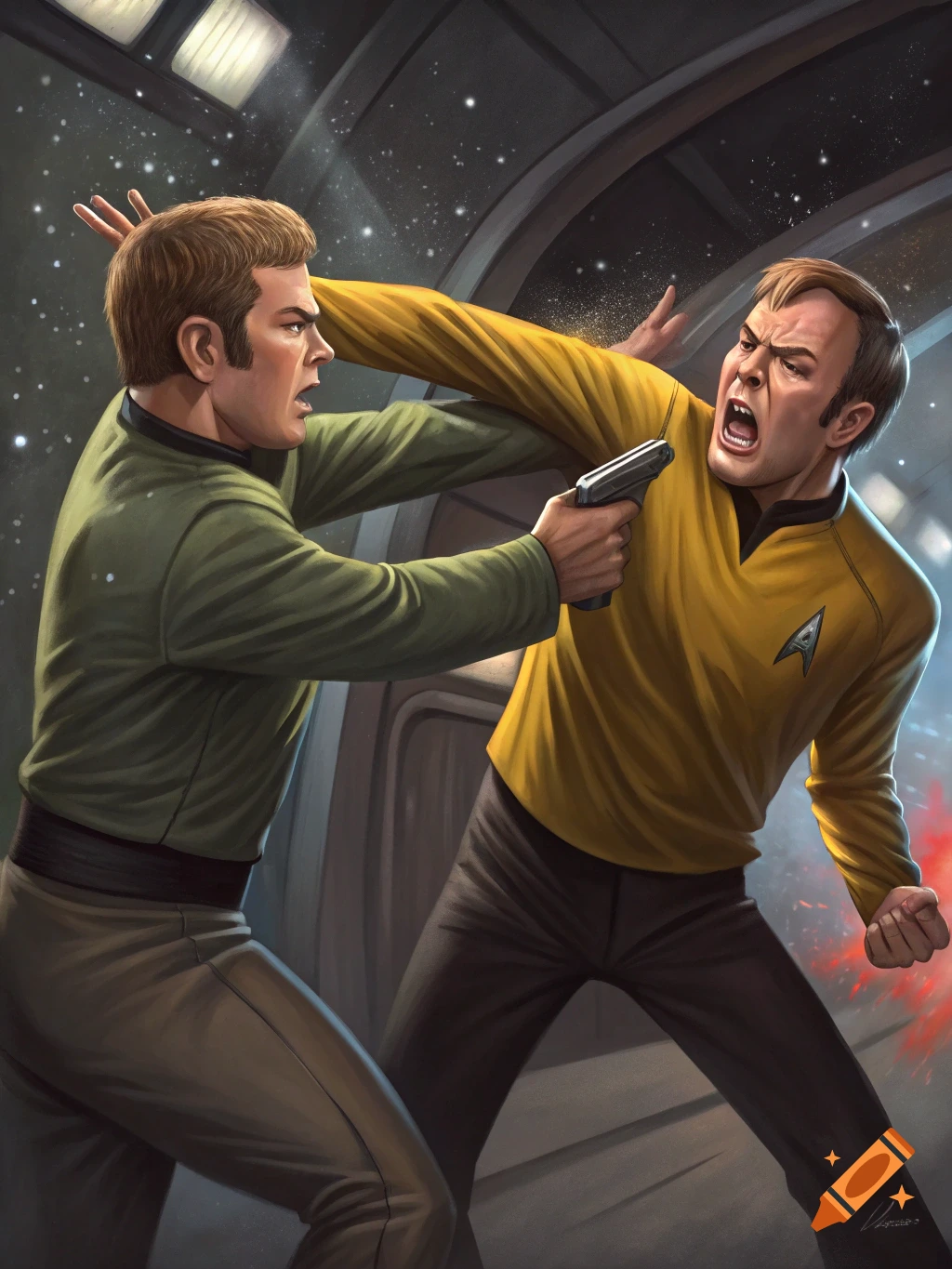 Illustration of two men in Starfleet uniforms fighting with a phaser aboard a spaceship.