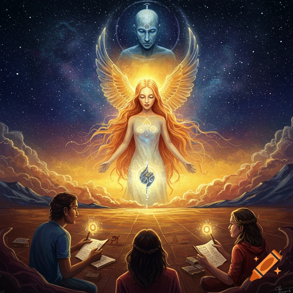 People meditate under a starry sky, gazing at a glowing angel figure with a cosmic being above, surrounded by golden light.