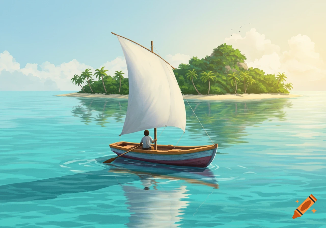 A person sails a dinghy on calm blue water toward a tropical island with palm trees under a sunny sky.