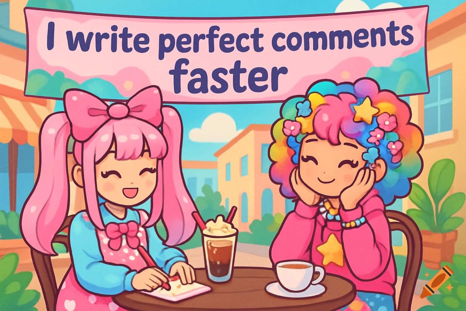 Two anime girls at a cafe table under a banner reading 'I write perfect comments faster'.