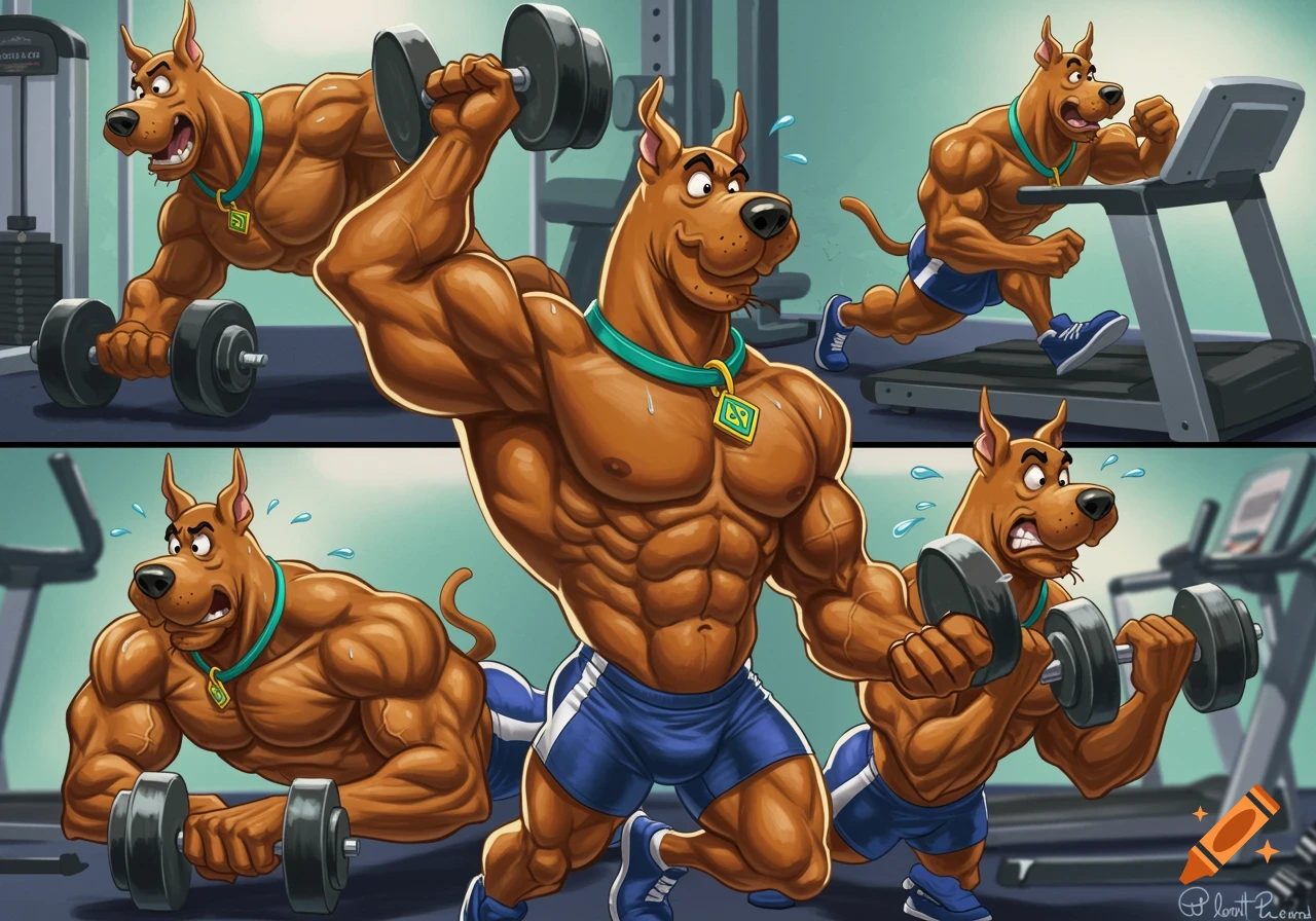 Cartoon Scooby-Doo is shown in multiple panels working out with weights and on a treadmill, becoming very muscular.