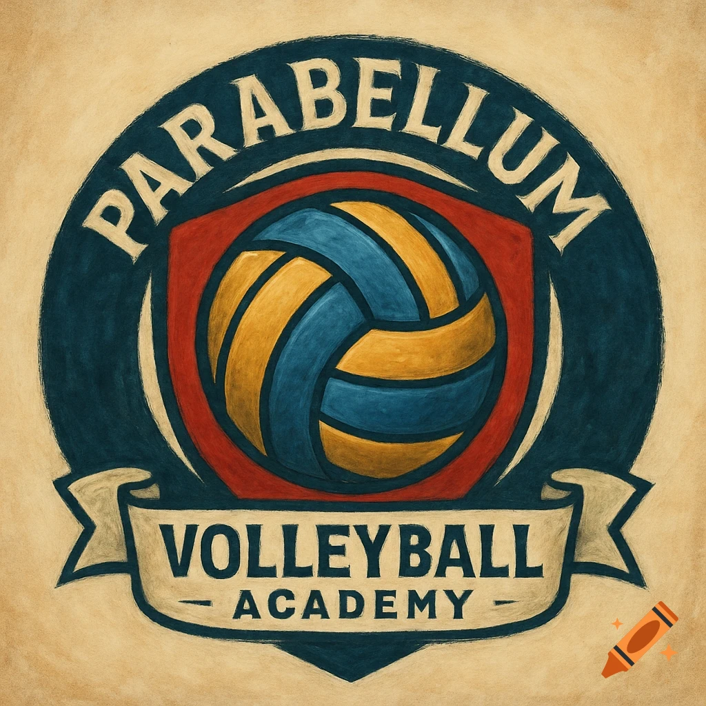 Logo for Parabellum Volleyball Academy featuring a volleyball inside a shield shape with text banners.