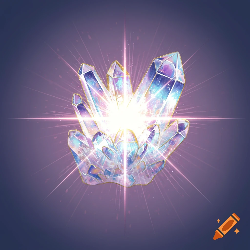 A cluster of sparkling, colorful crystals with a bright light radiating from the center against a dark background.