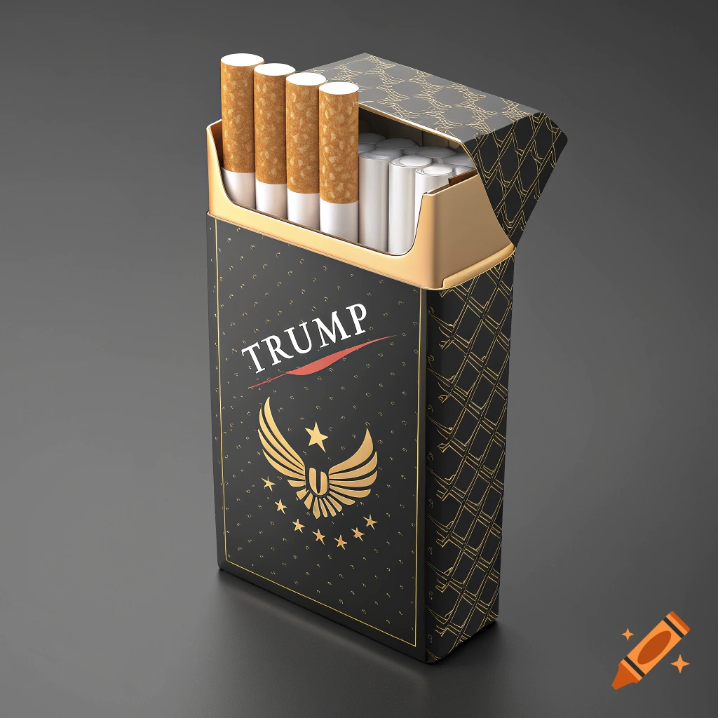 A photorealistic 3D rendering of an open pack of cigarettes labeled "TRUMP" with an eagle logo and stars.