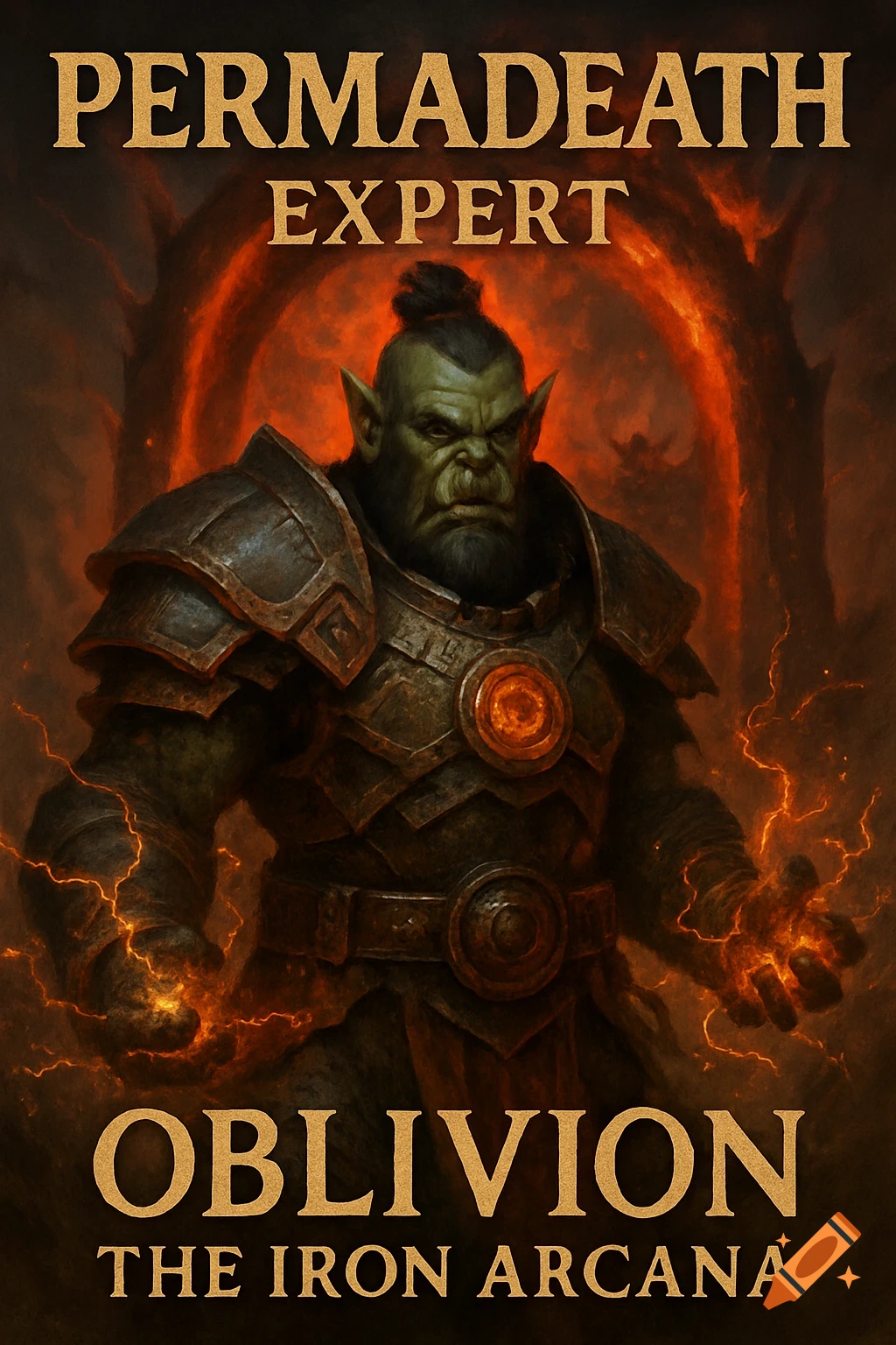 An armored Orc sorcerer with glowing hands stands before an orange background with text overlay.
