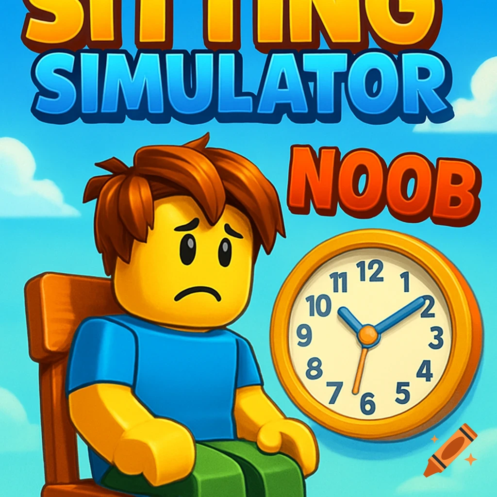 Cartoon image of a Roblox-style 'noob' character sitting on a chair next to a clock, with text 'Sitting Simulator Noob' above.