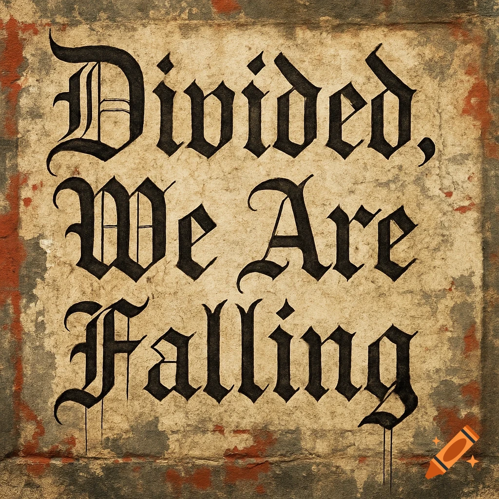 Blackletter text reading "Divided, We Are Falling" on a grunge background.