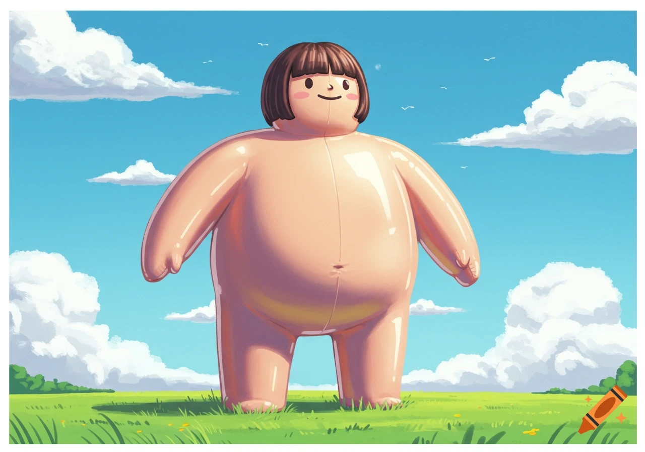 Giant cartoon inflatable figure standing in a sunny field