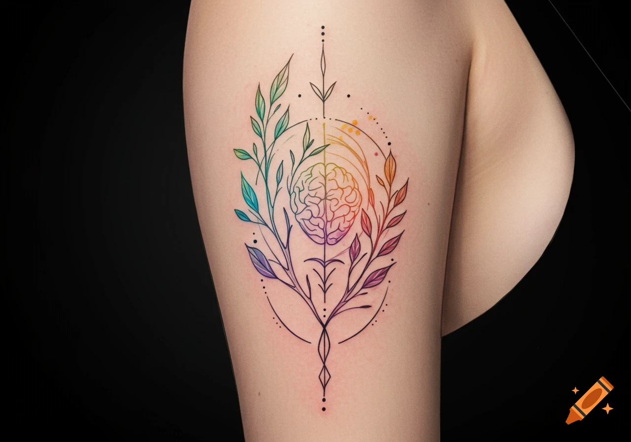 Colorful tattoo on a leg depicting a brain with roots and leaves.