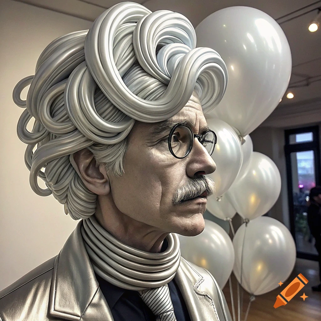 A sculpture resembling Andy Warhol with hair made of twisting silver balloons.