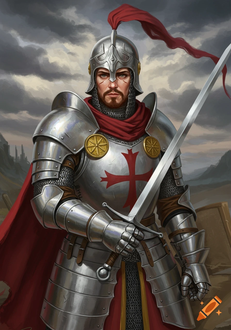 A detailed portrait of a medieval knight in shining armor with a red cloak and cross emblem, holding a sword.