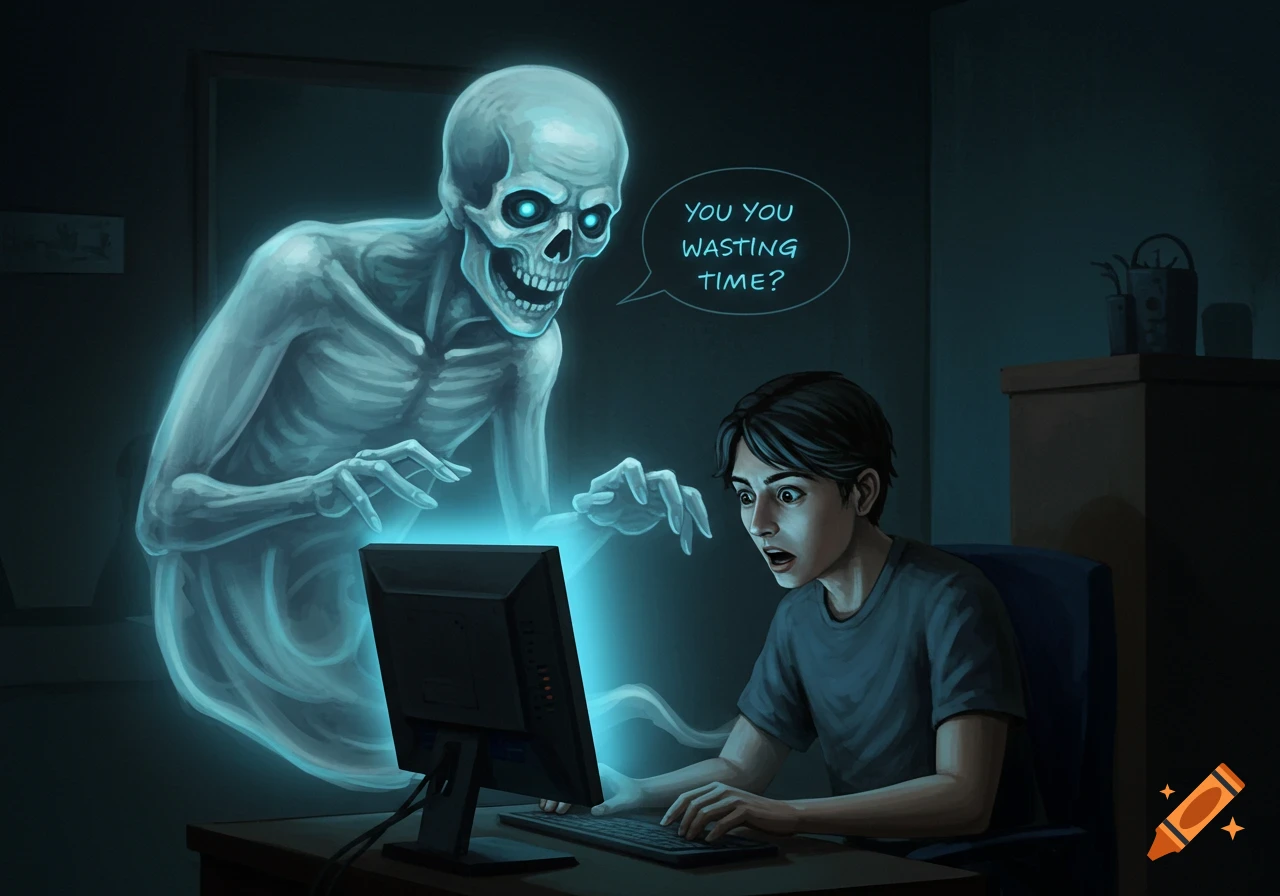A glowing ghost looms over a person at a computer, asking "YOU YOU WASTING TIME?"