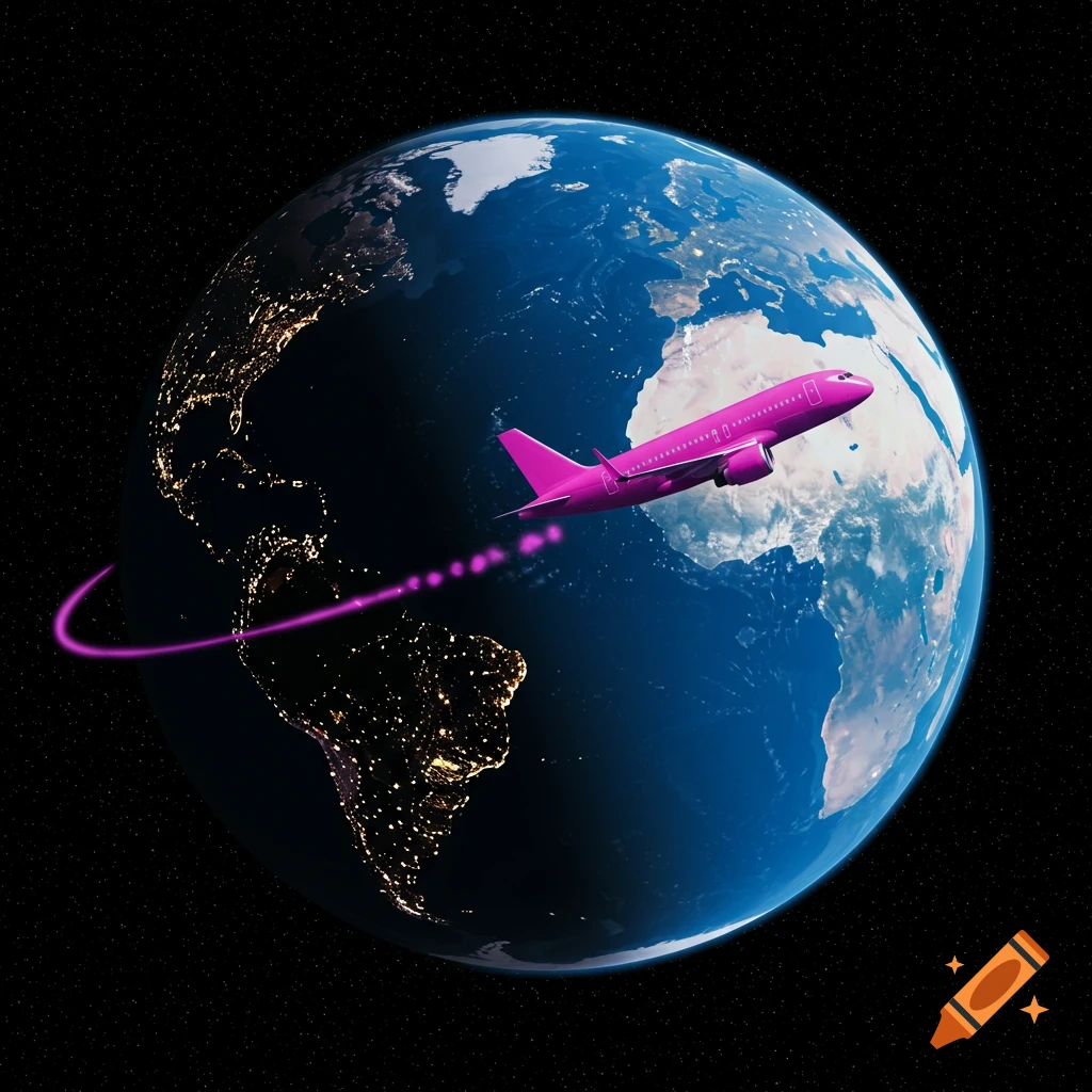 A pink airplane flying around the Earth globe in space, leaving a pink contrail.