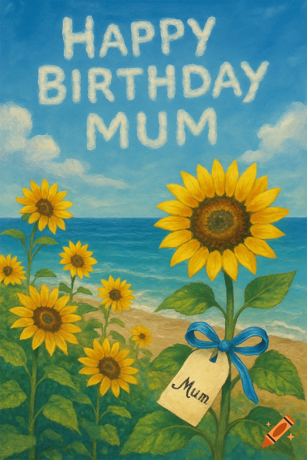 Painting of sunflowers by the ocean with 'Happy Birthday Mum' in cloud letters and 'Mum' on a tag tied to a sunflower.