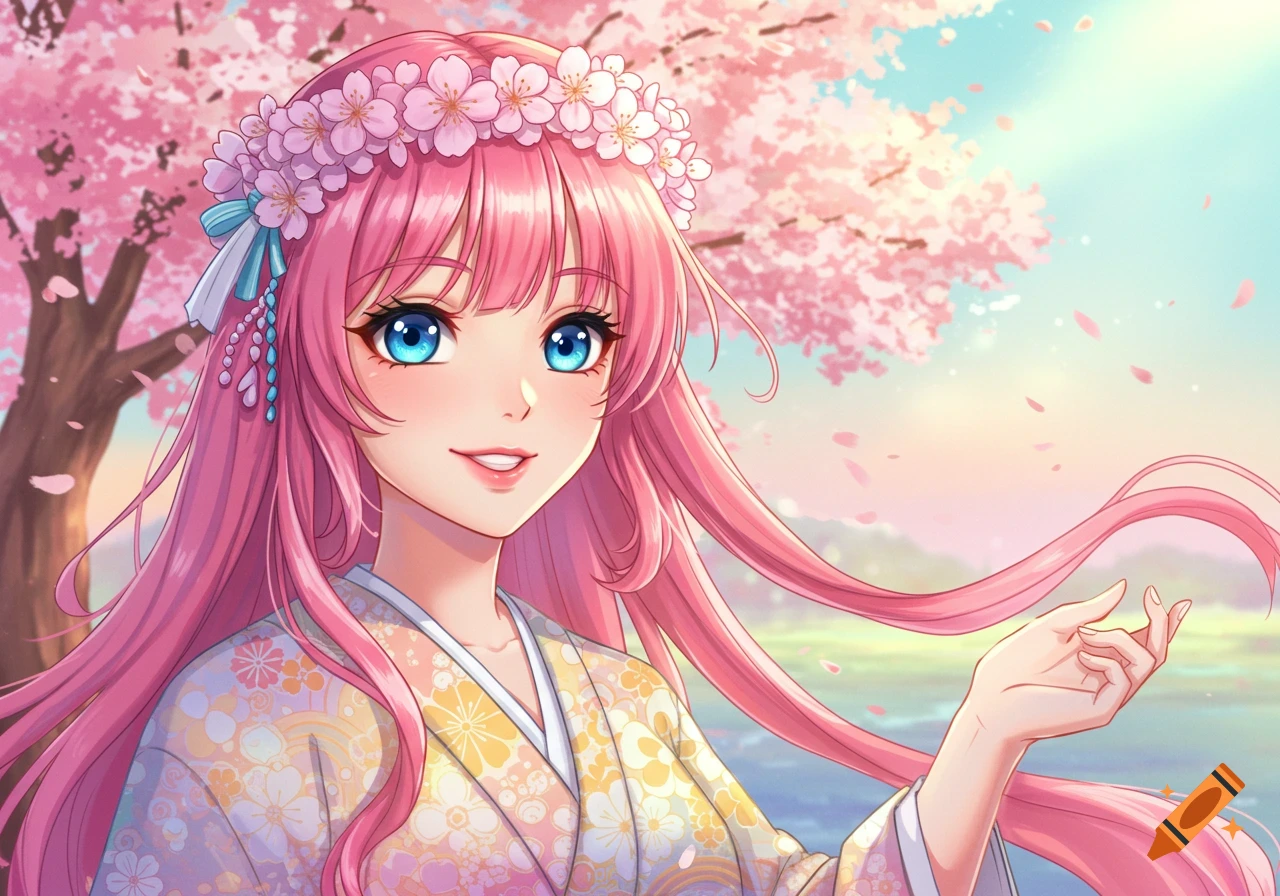 An anime illustration of a girl with long pink hair and blue eyes wearing a floral wreath and kimono under cherry blossoms.