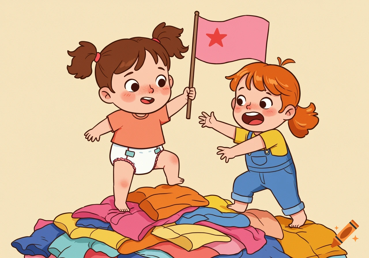 Two cartoon children play atop a large pile of clothes; one child holds a pink flag with a red star.