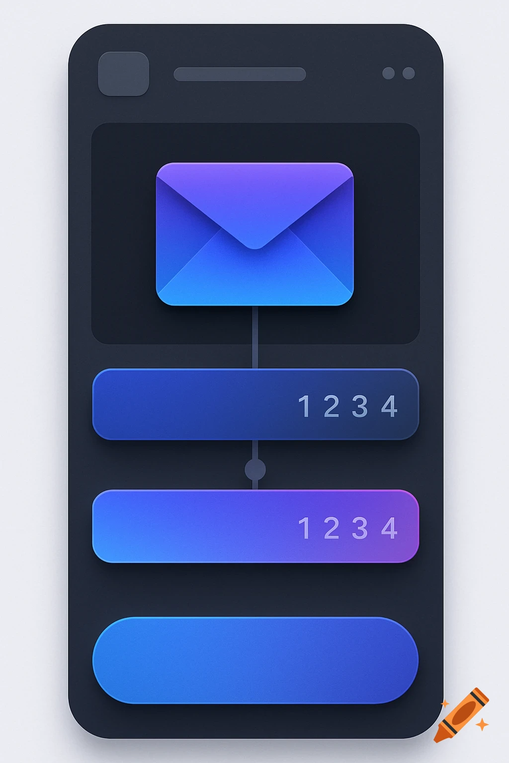 Dark mode mobile UI element with a purple and blue envelope icon and two dark blue numbered buttons showing '1 2 3 4'.